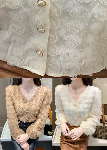 Apricot V Neck Patchwork Tops Long Sleeve
