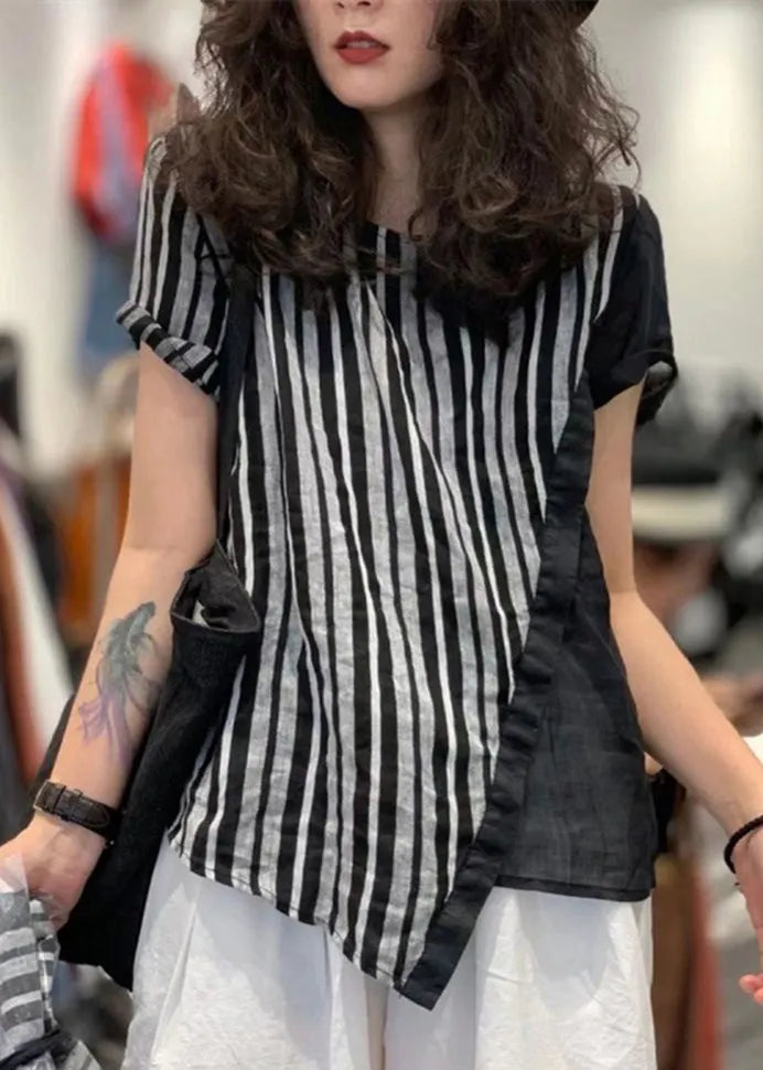 Loose Striped O-neck Patchwork Cotton T Shirts Summer