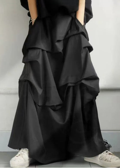 Art Black Asymmetrical Wrinkled Cotton Skirt Fall