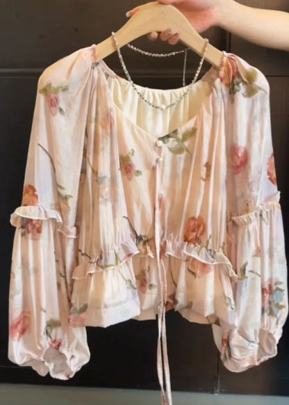 V Neck Tie Lace Print Ruffled Shirts Fall