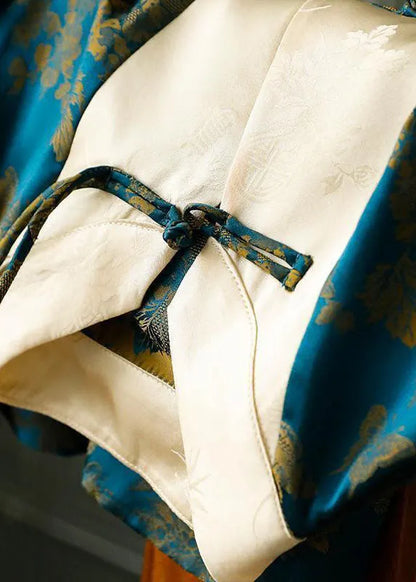 Blue Stand Collar Patchwork Jacquard Silk Shirt Top Fall
