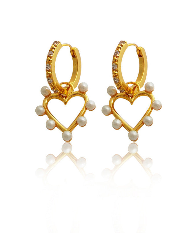 Gold Copper Overgild Inlaid Zircon Pearl Heart Hoop Earrings