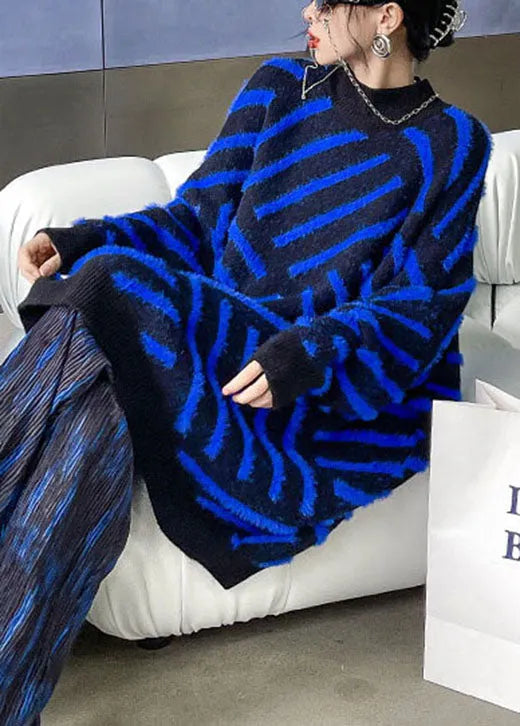 Blue Striped Mink Velvet Fall Knit Sweaters