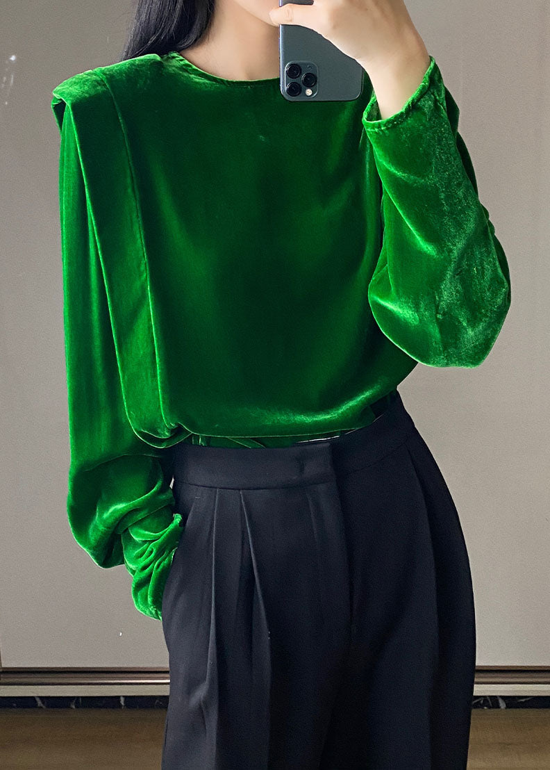 Green Silk Velour Tops Button O-neck Long Sleeve