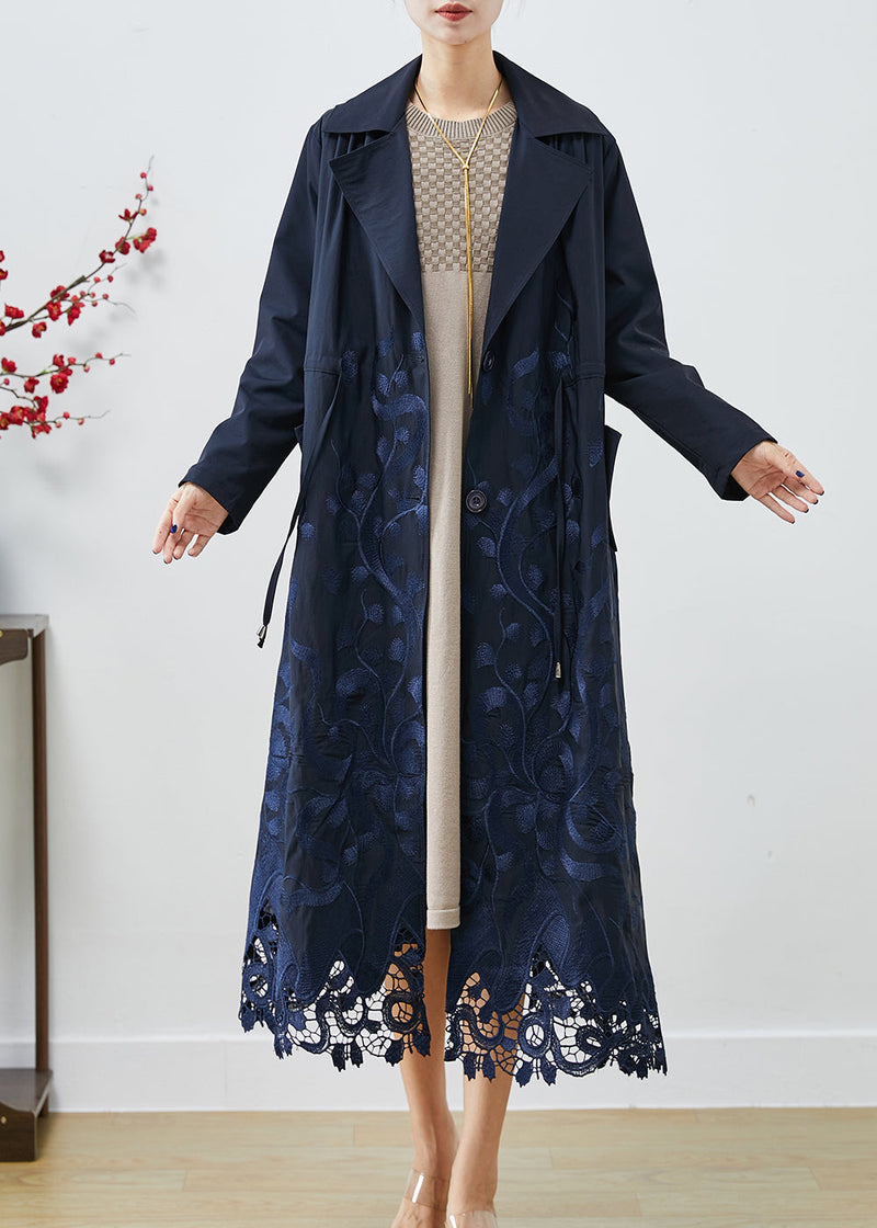 Navy Embroideried Tie Waist Spandex Trench Coats Fall