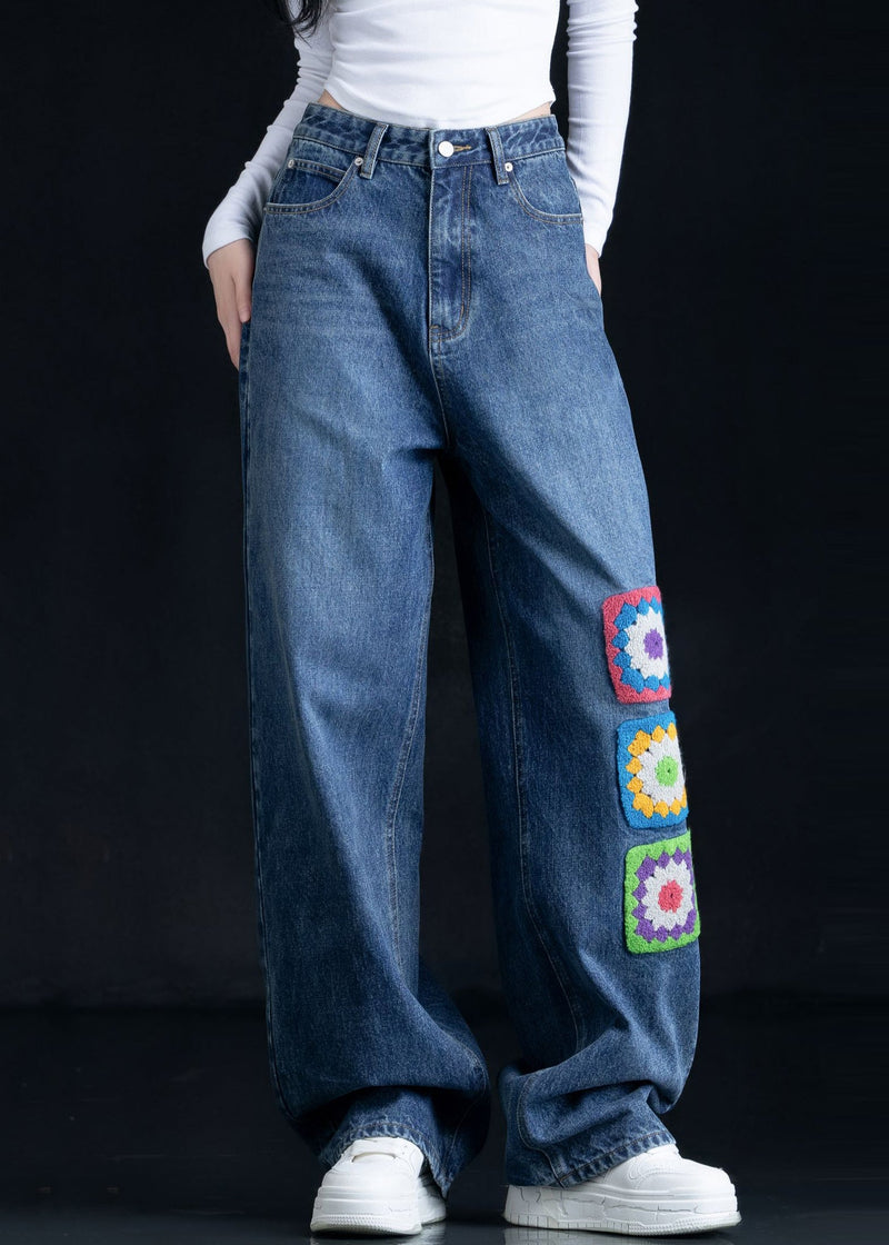 Blue Embroidered Pockets Denim Straight Pants Fall