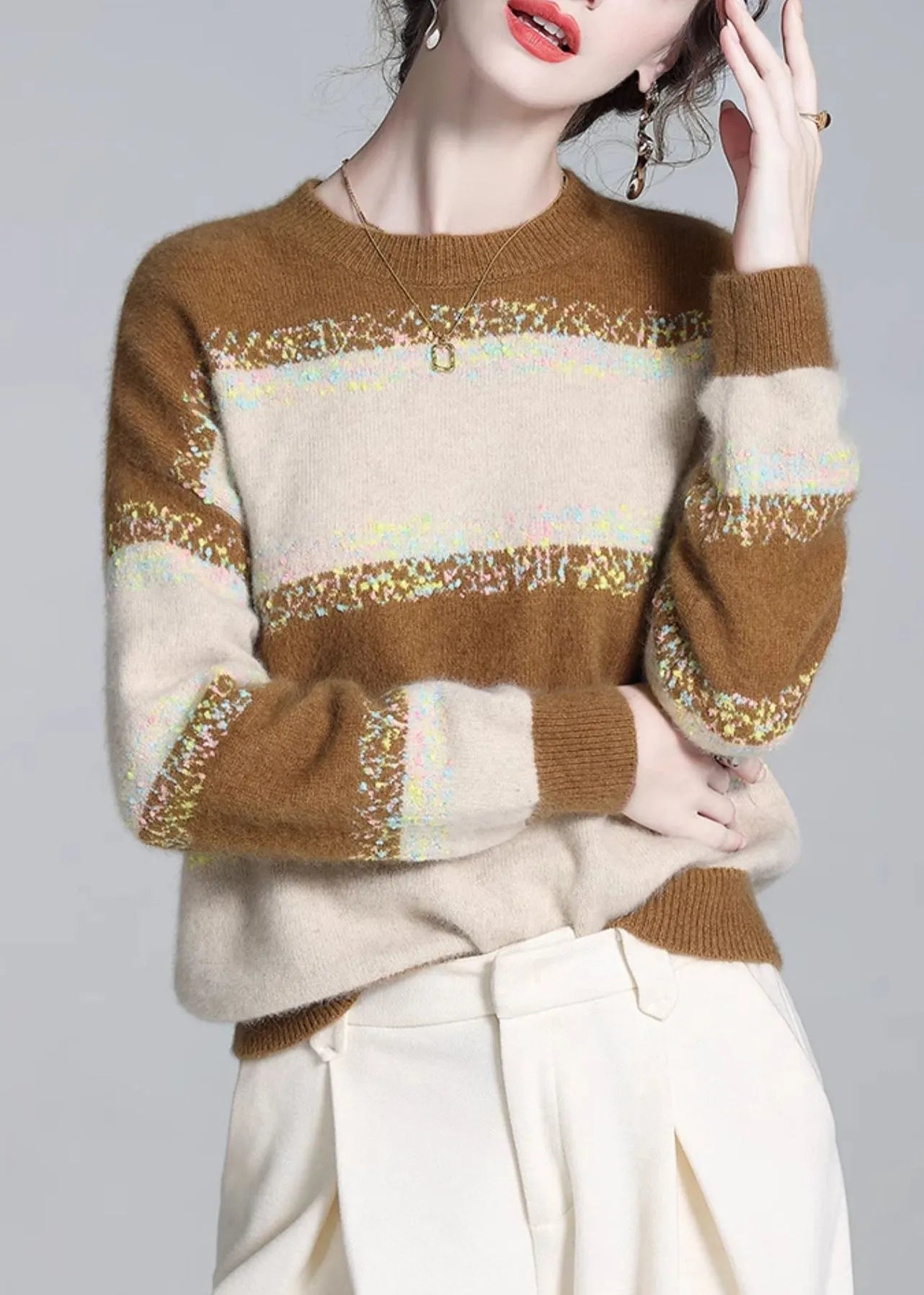 Yellow O Neck Striped Cashmere Knit Sweaters Winter