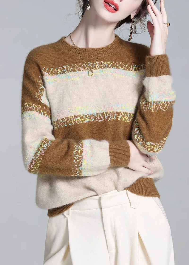 Yellow O Neck Striped Cashmere Knit Sweaters Winter