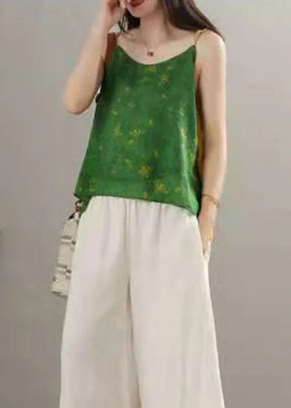 Green Print Patchwork Spaghetti Strap Tops Summer