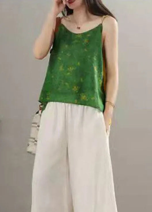 Green Print Patchwork Spaghetti Strap Tops Summer