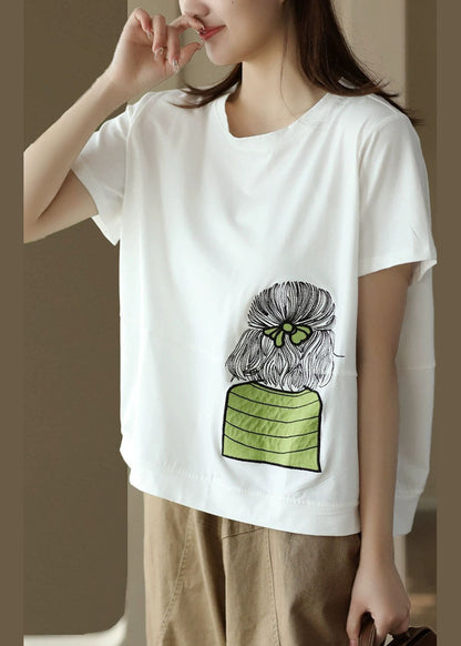 White O-neck Embroideried Patchwork Cotton Top Summer