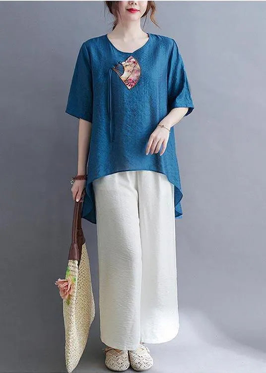 Fine Blue Oriental Cotton Linen Summer Tee