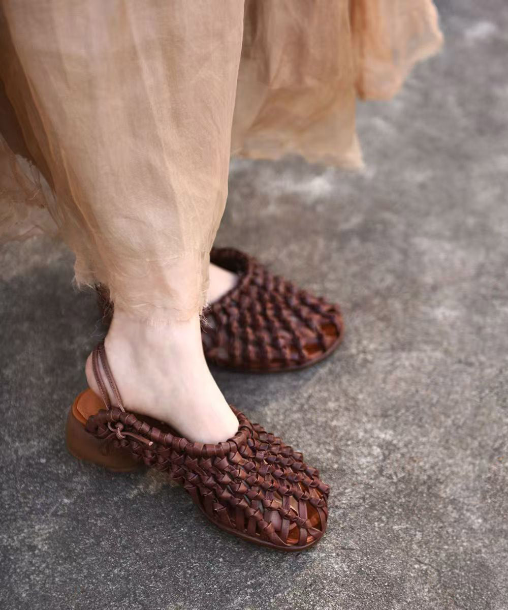 Handmade Comfy Beige Hollow Out Cowhide Leather Chunky Sandals