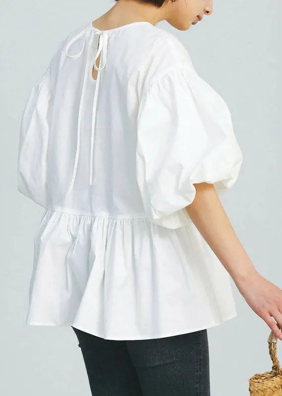 White O-neck Patchwork Cotton Shirt Puff Sleeve