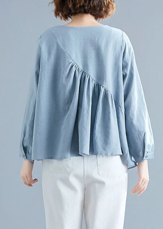Loose Blue O-neck Pockets Patchwork Fall Long Sleeve Top