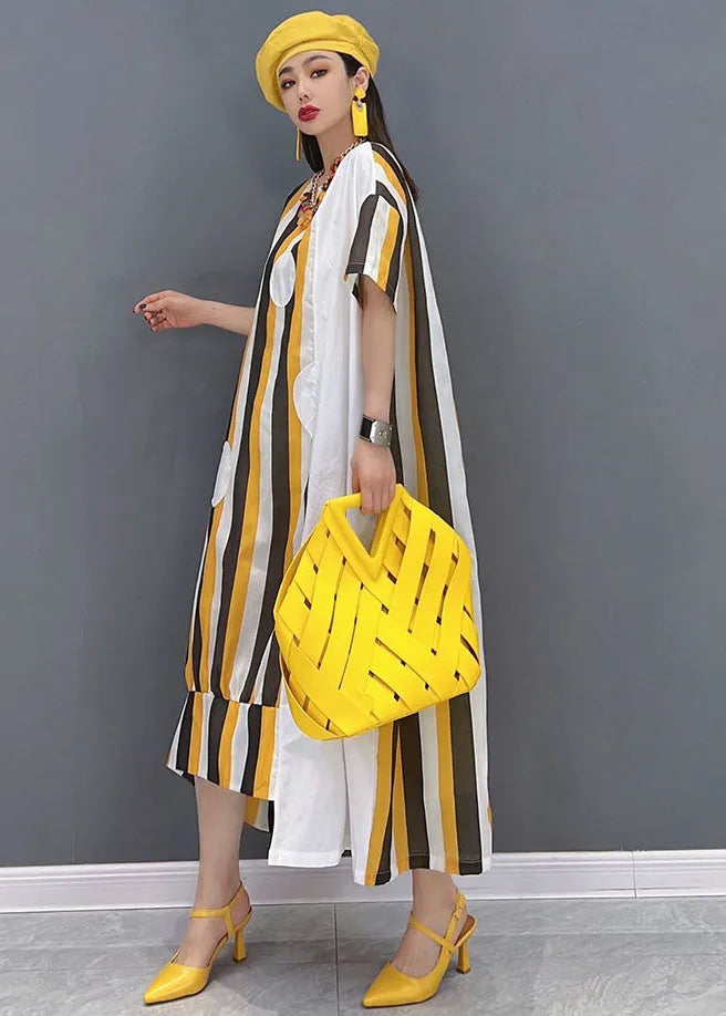 Yellow Asymmetrical Striped Print Patchwork Cotton Maxi Dresses Short Sleeve Summer