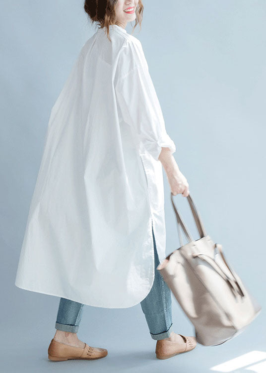 Fine White Pockets Button Side Open Fall Shirt Long Sleeve