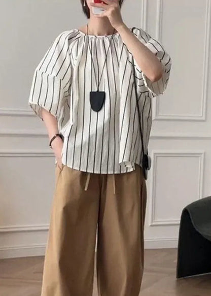 French Puff Sleeve Striped O-neck Cotton Shirt Top