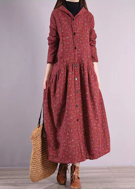 Brick Red Hooded Patchwork Warm Fleece Coats Winter