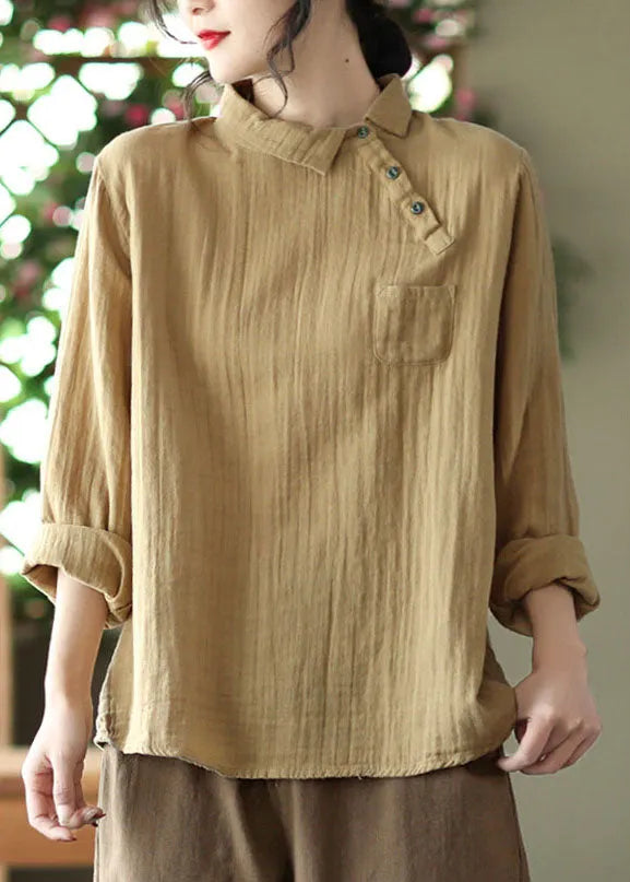 Handmade Khaki Peter Pan Collar Asymmetrical Design Cotton Shirts Long Sleeve