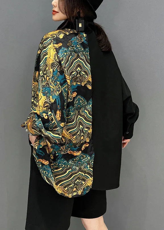 Diy Black Asymmetrical Patchwork Print Cotton Shirt Tops Batwing Sleeve