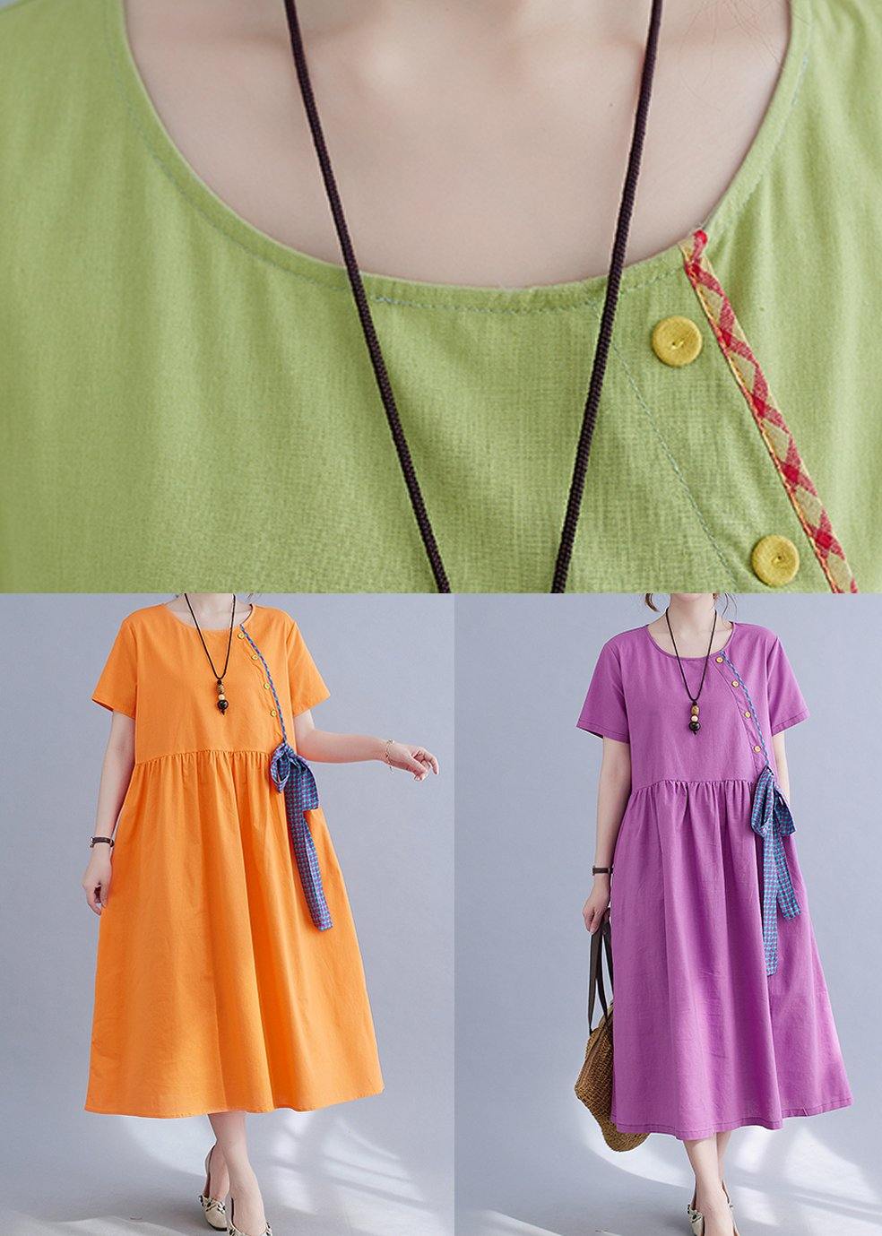 French Orange Patchwork Button Party Summer Cotton Linen Dress