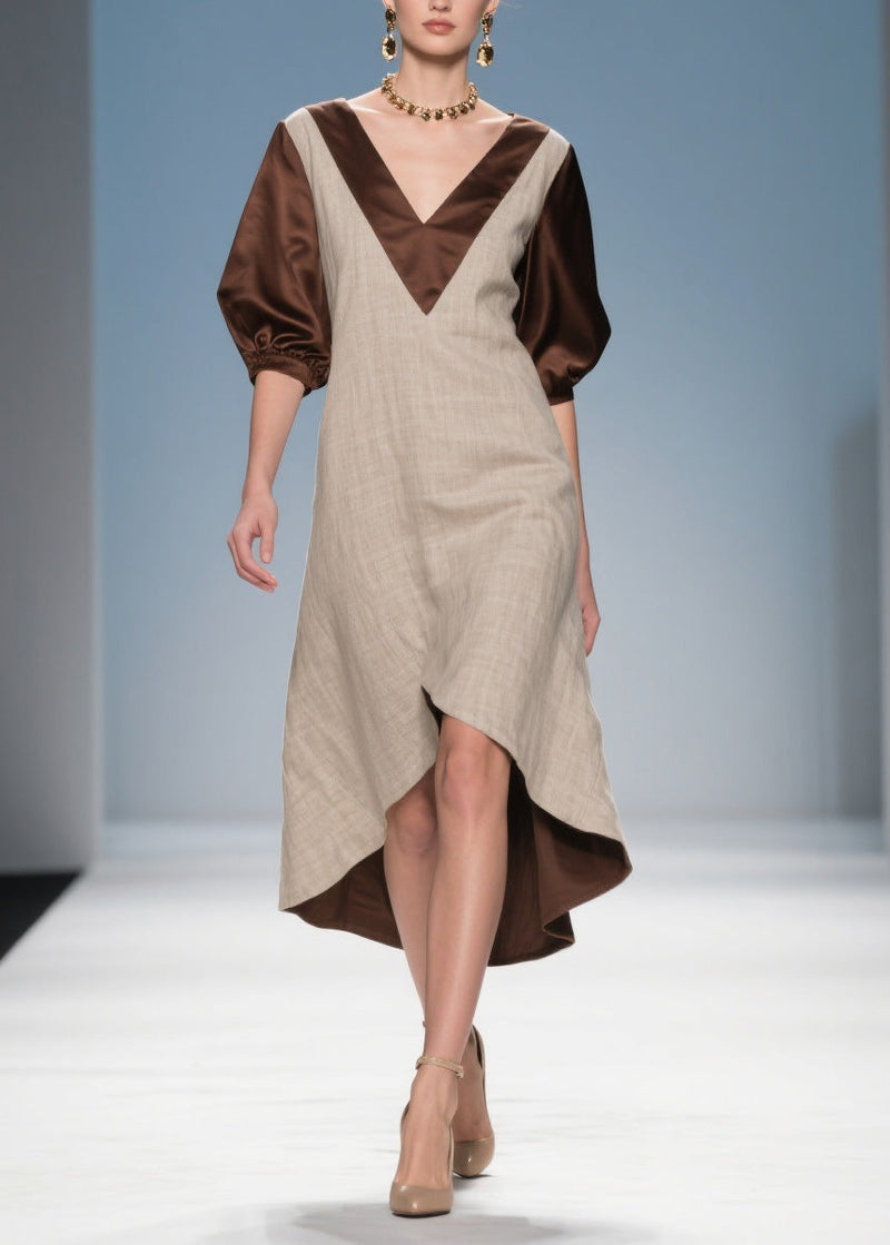 Colorblock Low High Design Patchwork Linen Silk Dress Summer