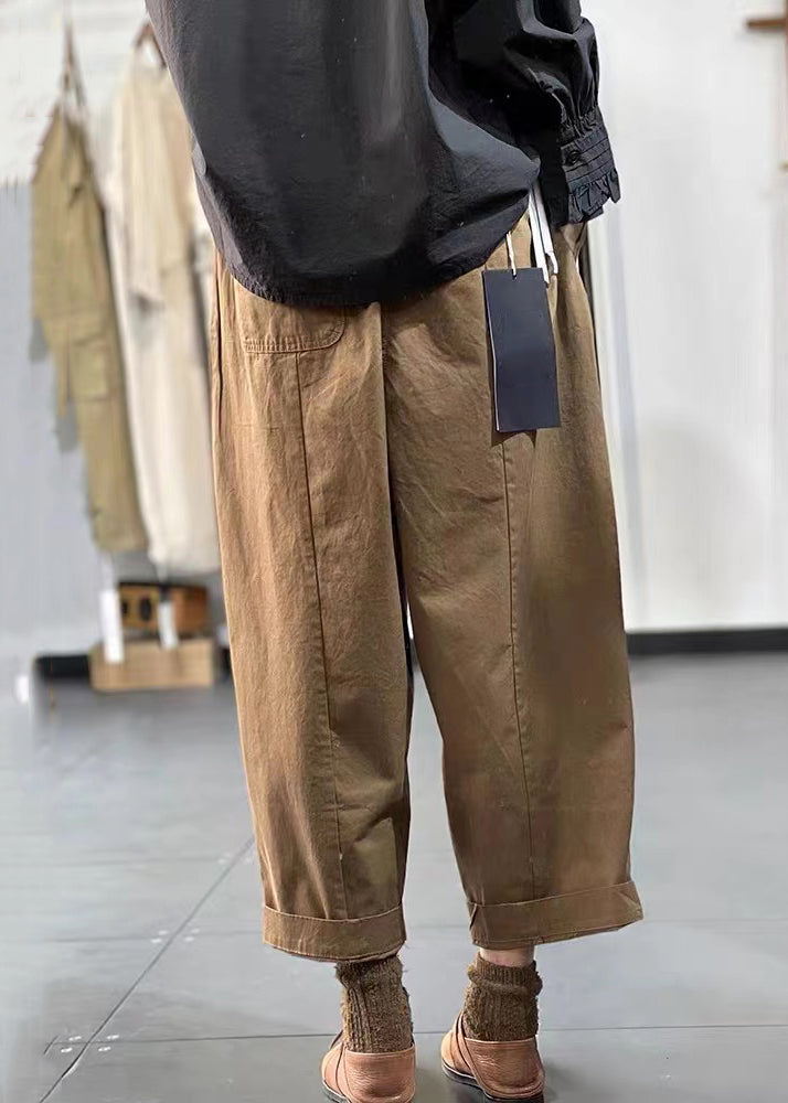 Khaki Pockets Elastic Waist Cotton Crop Pants Fall