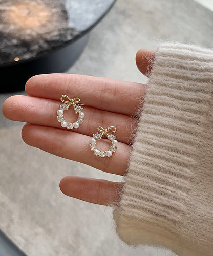 Gold Copper Alloy Pearl Bow Stud Earrings