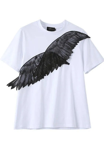 Black Embroidery Appliques Cotton Tee Summer