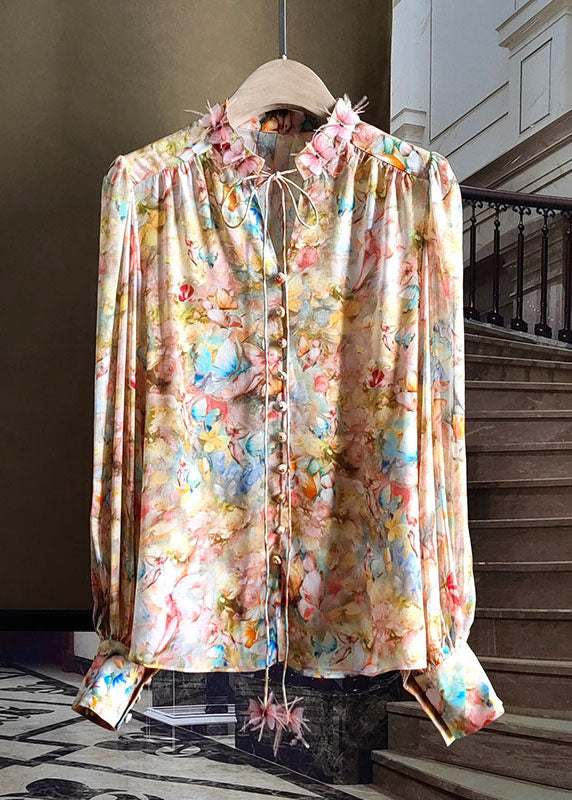 Yellow Stand Collar Print Silk Blouse Top Spring