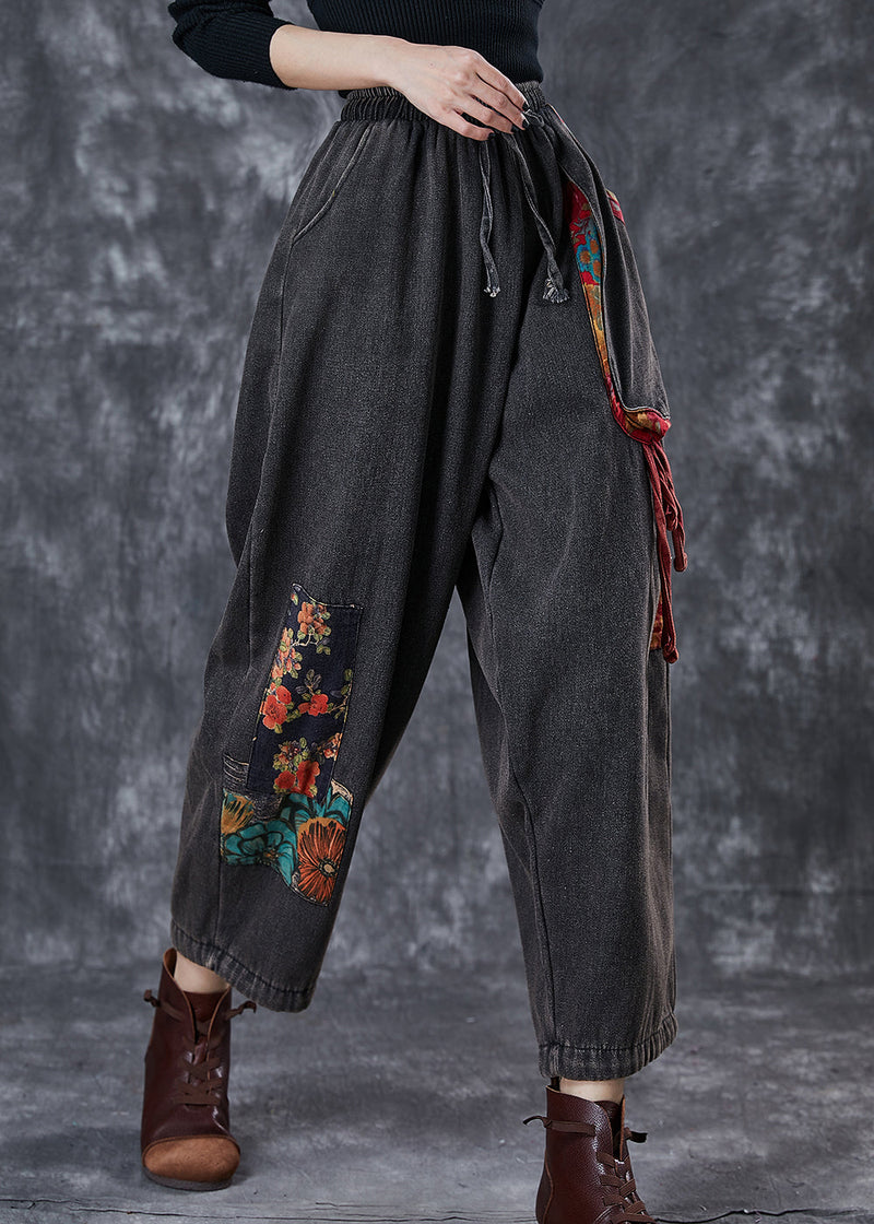 Black Oversized Patchwork Applique Denim Pants Summer