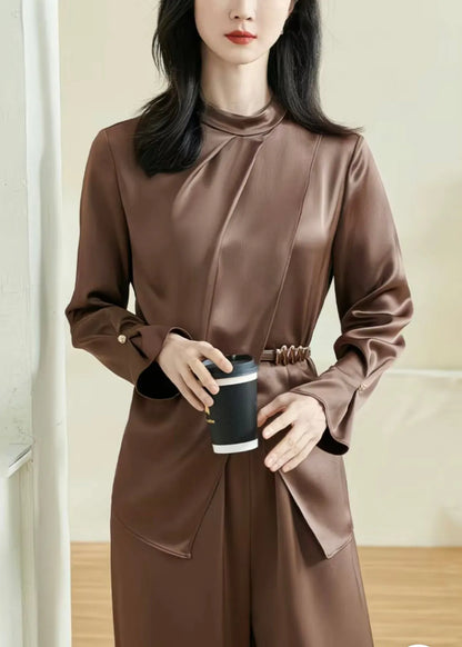 Stylish Coffee Asymmetrical Wrinkled Silk Shirts Fall