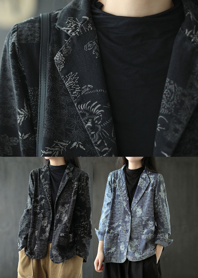 Blue Print Western-style Clothes Coat Pocket Long Sleeve