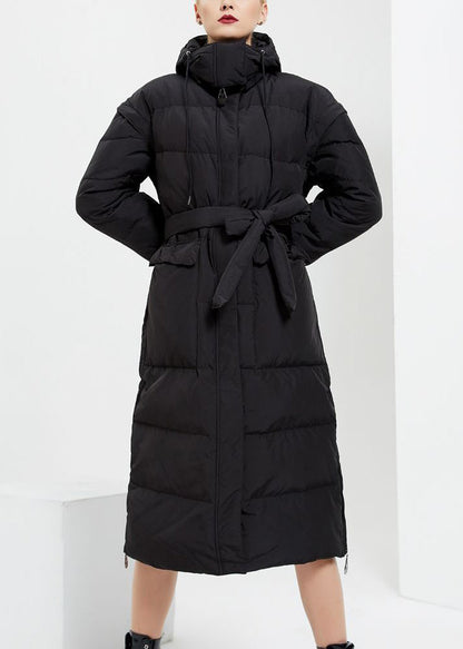 Black Pockets Removable Patchwork Duck Down Coats Hooded Long Sleeve