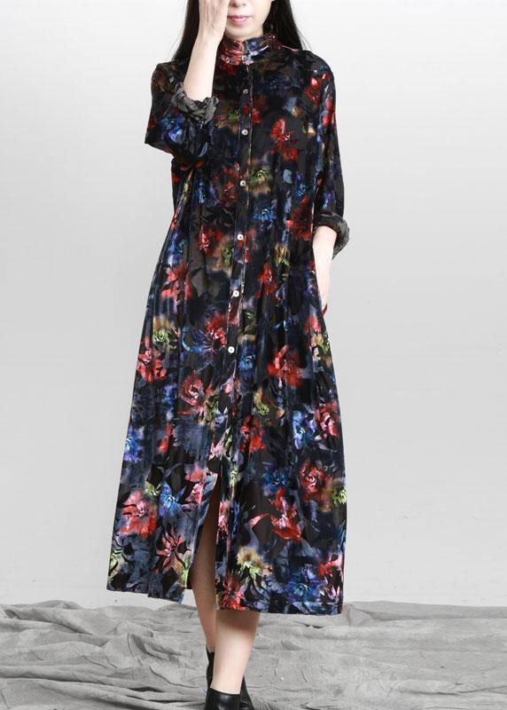 Black Print Button Pockets Vacation Dresses Fall