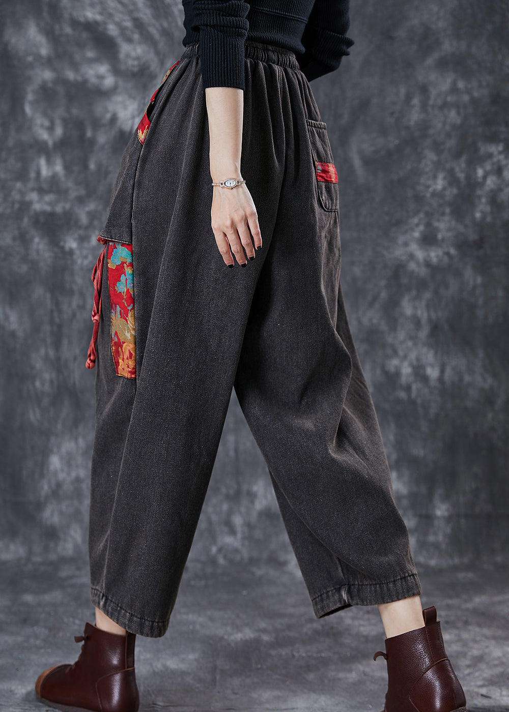 Black Oversized Patchwork Applique Denim Pants Summer