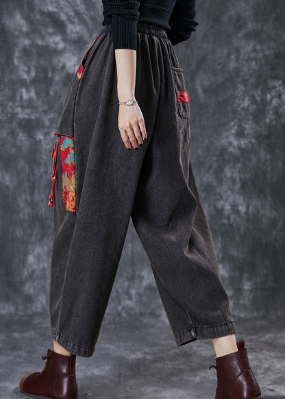 Black Oversized Patchwork Applique Denim Pants Summer
