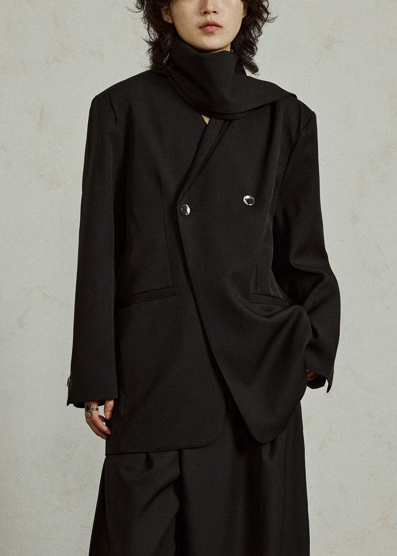 Black Notched Button Coats Long Sleeve