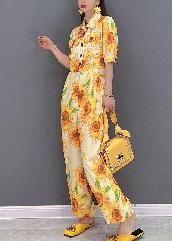 Slim Fit Yellow Peter Pan Collar Button Pockets Print Overalls Jumpsuit Short Sleeve
