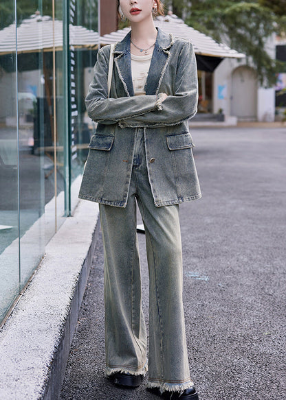 Retro Denim Blue Notched Patchwork Coats and Wide Leg Pants Two Pieces Set Fall