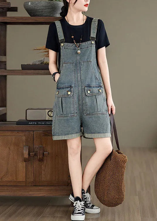 Light Blue Patchwork Denim Jumpsuit Pockets Summer