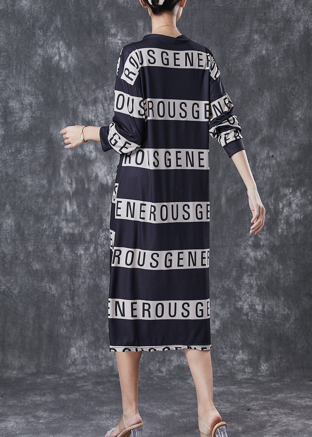 Black V Neck Letter Print Cotton Dresses Spring