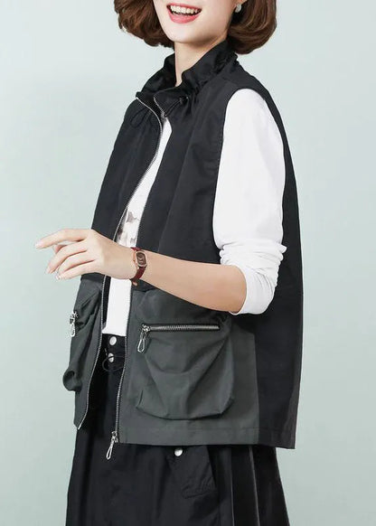 Black Stand Collar Patchwork Drawstring Cotton Vest Spring