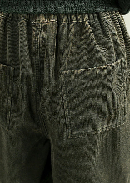 Green Pockets Elastic Waist Corduroy Warm Fleece Pants Spring