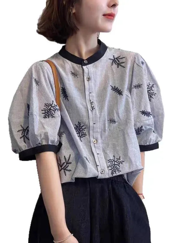 Art Striped O Neck Embroidered Patchwork Cotton Blouses Summer