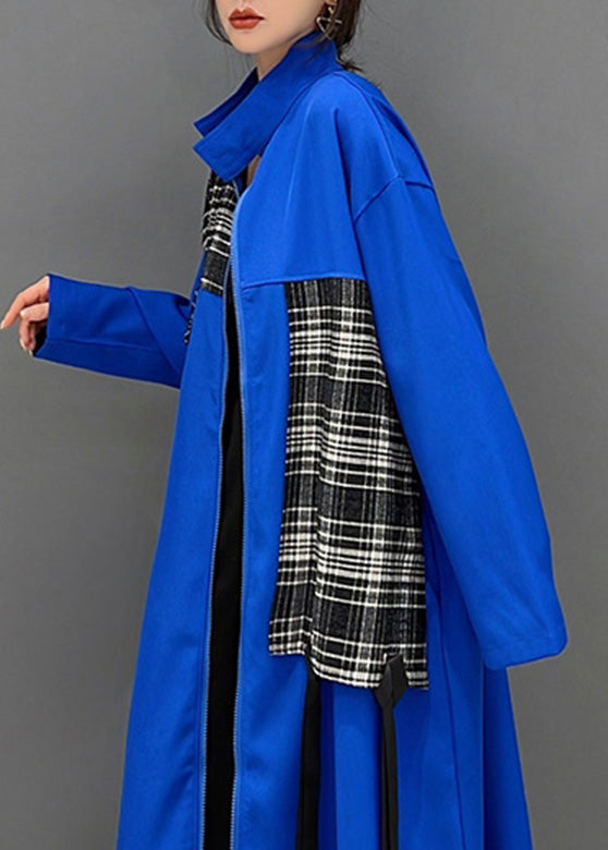 Blue Peter Pan Collar Zippered Patchwork Tassel Maxi Coat Spring