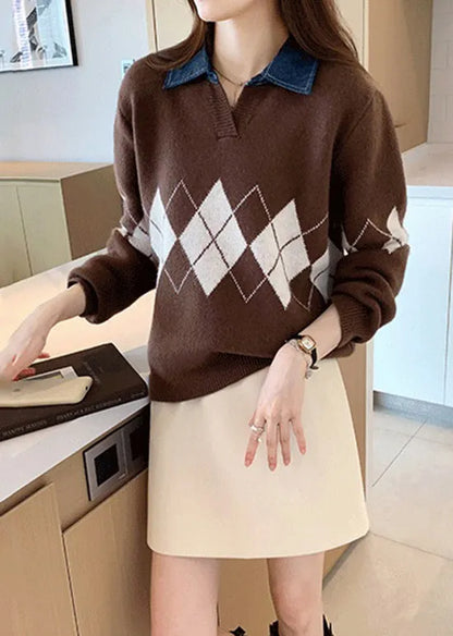 Coffee Peter Pan Collar Geometric Patchwork Knit Blouses Fall