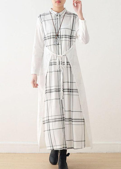 White Plaid Peter Pan Collar Long Shirts Fall Party Dress