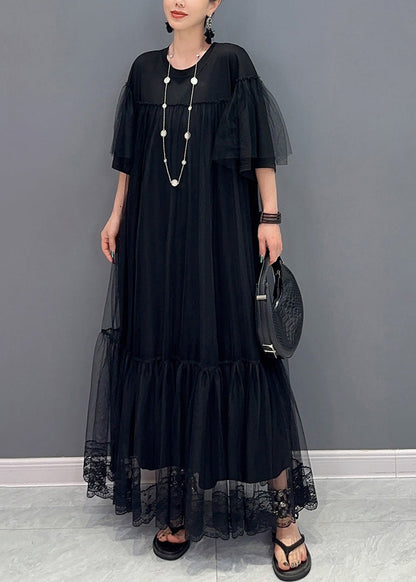 Black O Neck Wrinkled Patchwork Tulle Dress Summer
